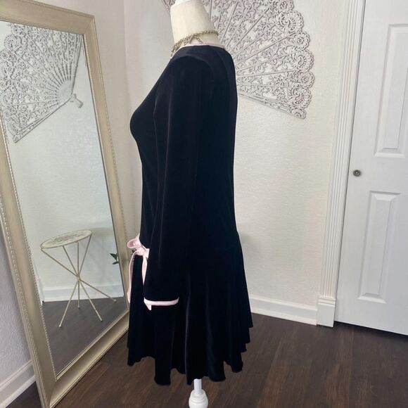 Rare Editions Coquette Whimsygoth Black Pink Drop Waist Mini Bow Velvet Dress S - Picture 5 of 8